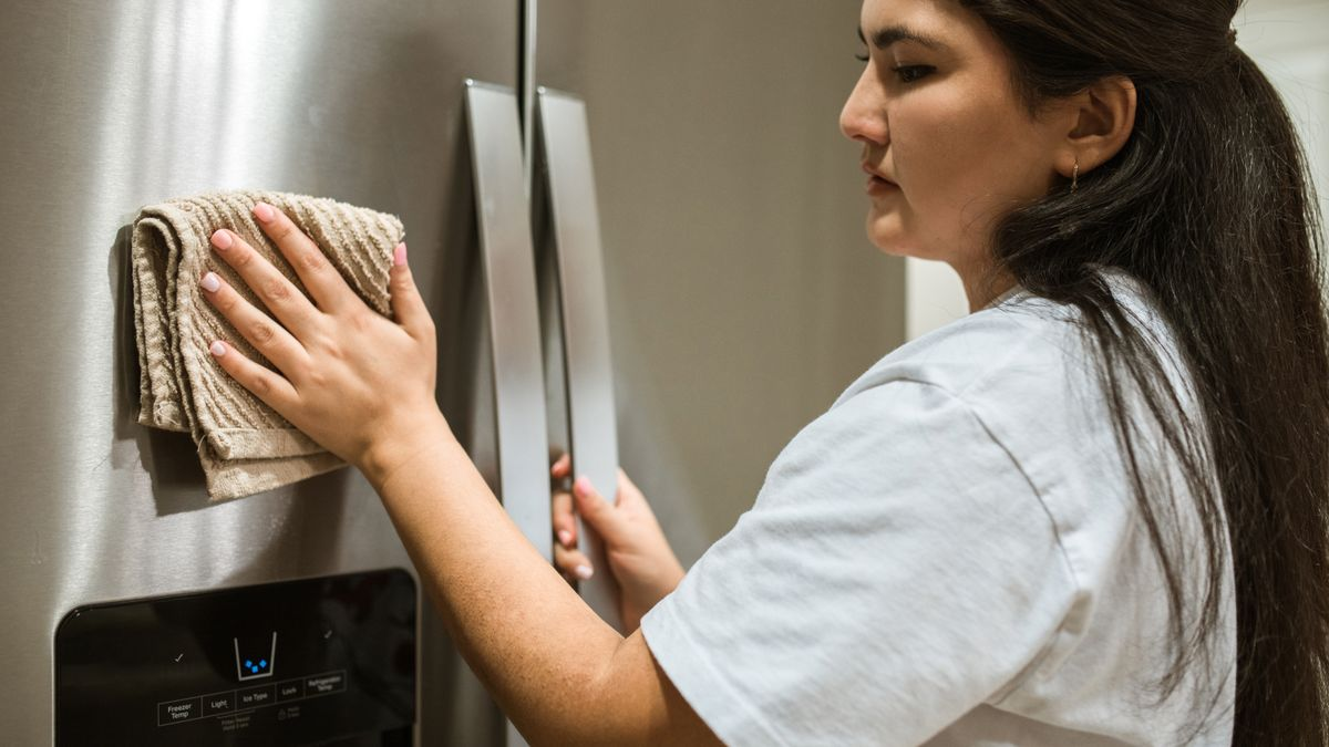Femme nettoyant l'intérieur d'un réfrigérateur avec un chiffon