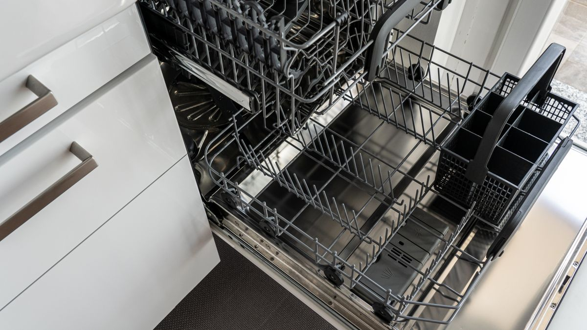Lave-vaisselle inox ouvert et vide, paniers visibles