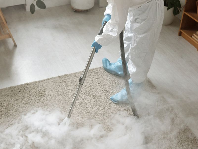 Personne appliquant un produit sur un tapis